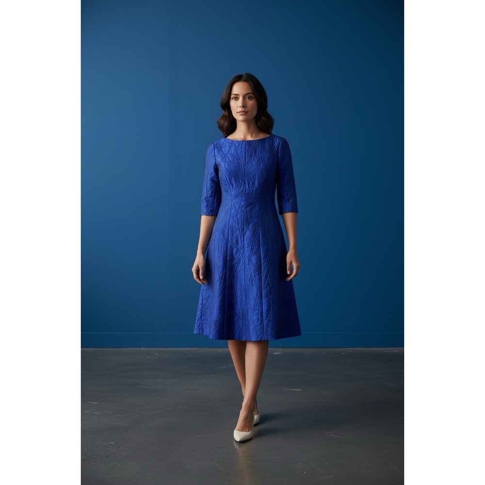 $770 Rickie Freeman for Teri Jon Women's Blue Paneled‎ Jacquard Dress Size 4